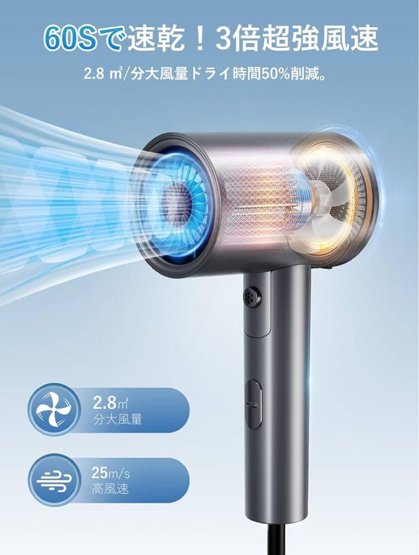 ヘアドライヤー 大風量 速乾 折り畳み携帯可能 過熱保護機能・ノズル付き