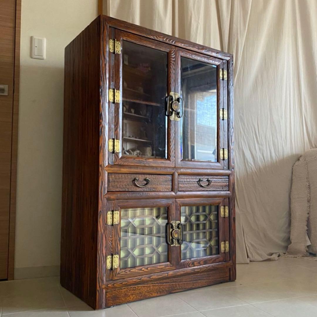 李朝家具　アンティーク　ガラスキャビネット　飾り棚　薬箪笥　中国家具　和家具