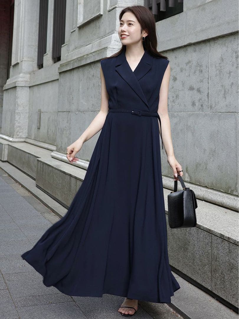 anuans アニュアンス ダブルサテンテーラードフレアワンピース ネイビー M