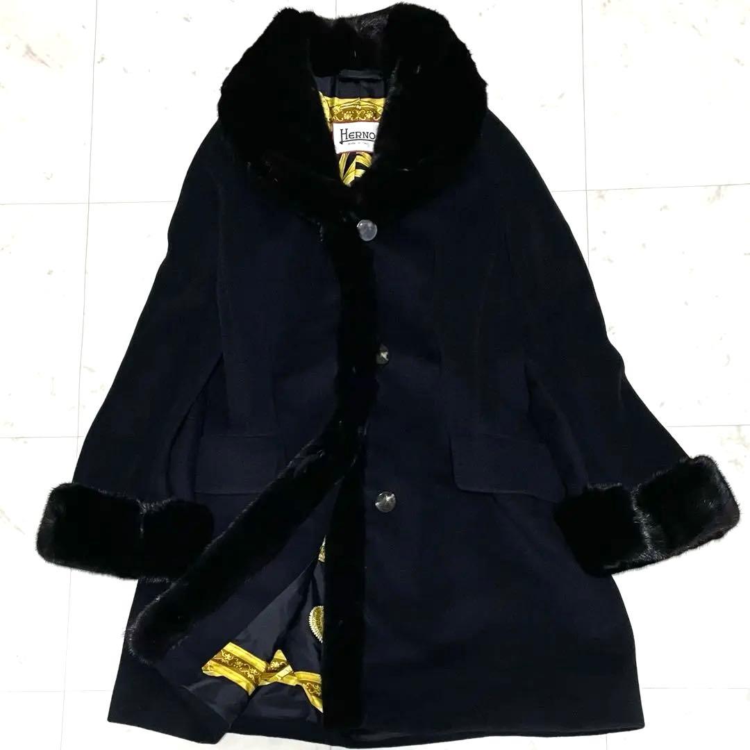 【上質】 ✨ヘルノ xロロピアーナ カシミヤxシルク ミンクファー付コート 42