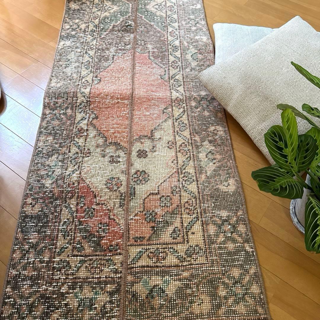 50×119パッチワーク　淡いサーモン×グレージュ　トルコヴィンテージラグ