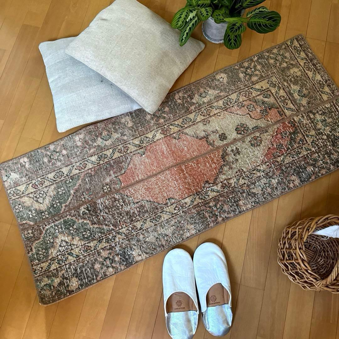 50×119パッチワーク　淡いサーモン×グレージュ　トルコヴィンテージラグ