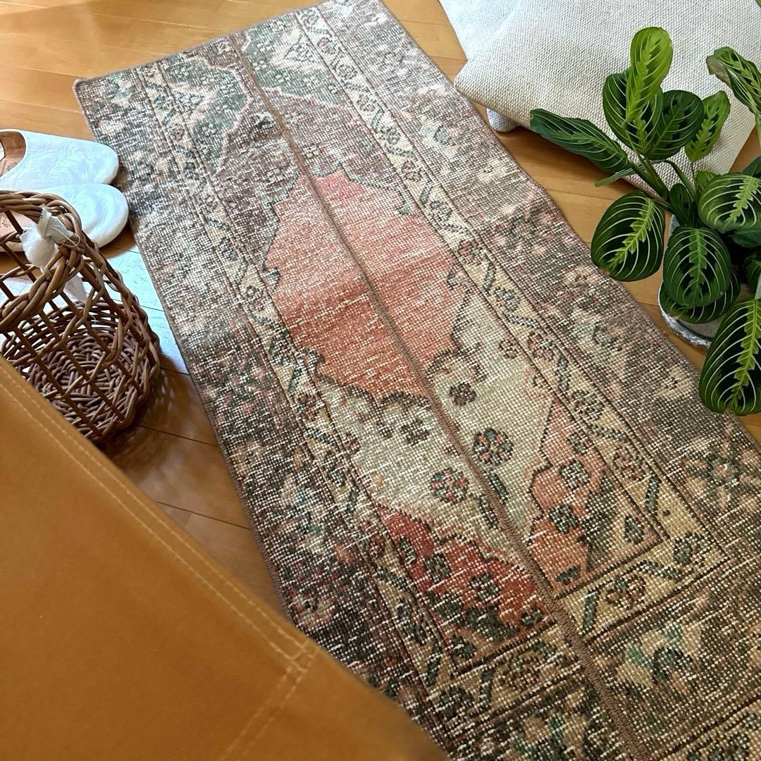 50×119パッチワーク　淡いサーモン×グレージュ　トルコヴィンテージラグ