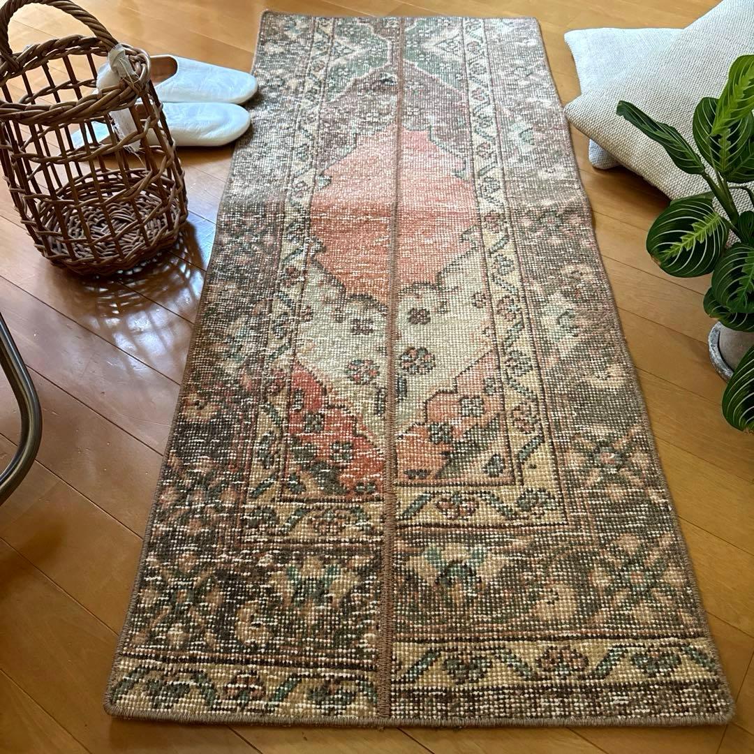 50×119パッチワーク　淡いサーモン×グレージュ　トルコヴィンテージラグ
