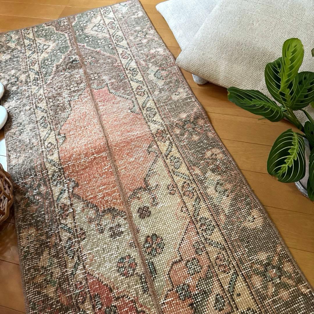 50×119パッチワーク　淡いサーモン×グレージュ　トルコヴィンテージラグ