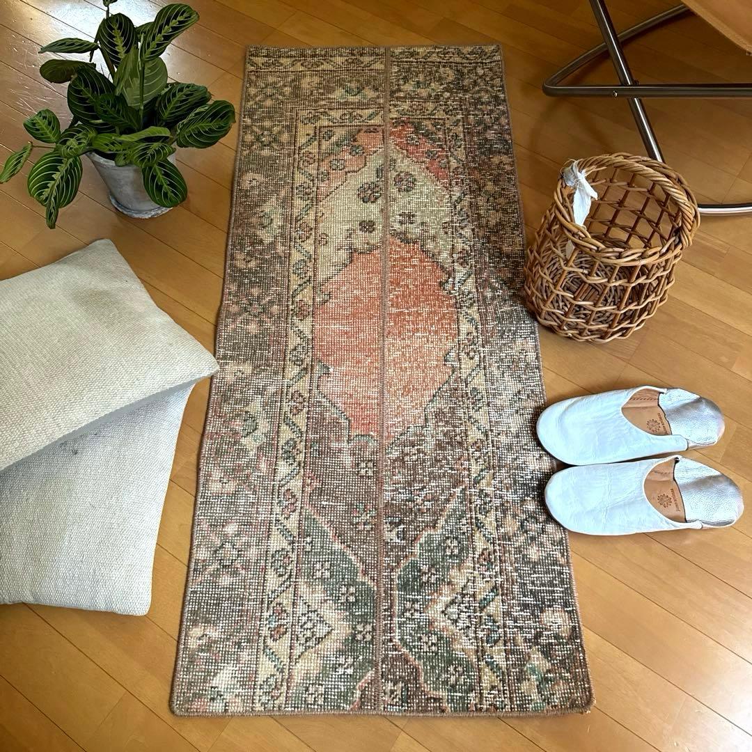 50×119パッチワーク　淡いサーモン×グレージュ　トルコヴィンテージラグ
