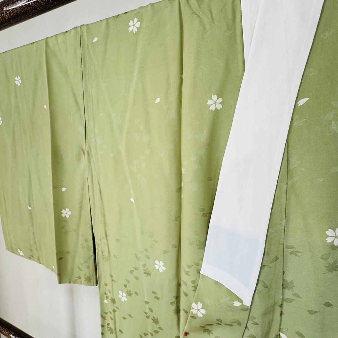超美品　正絹　長襦袢　袖無双　現代　着物　和装　126裄65　黄緑　桜　ワイド