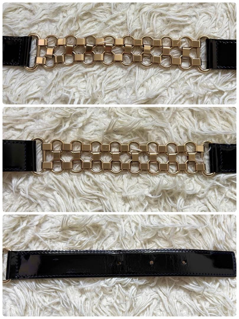美品　セリーヌ ヴィンテージ　エナメル　ブラック チェーン ベルト レディース