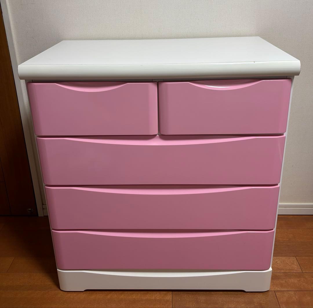 木製チェスト　タンス　5段　ピンク
