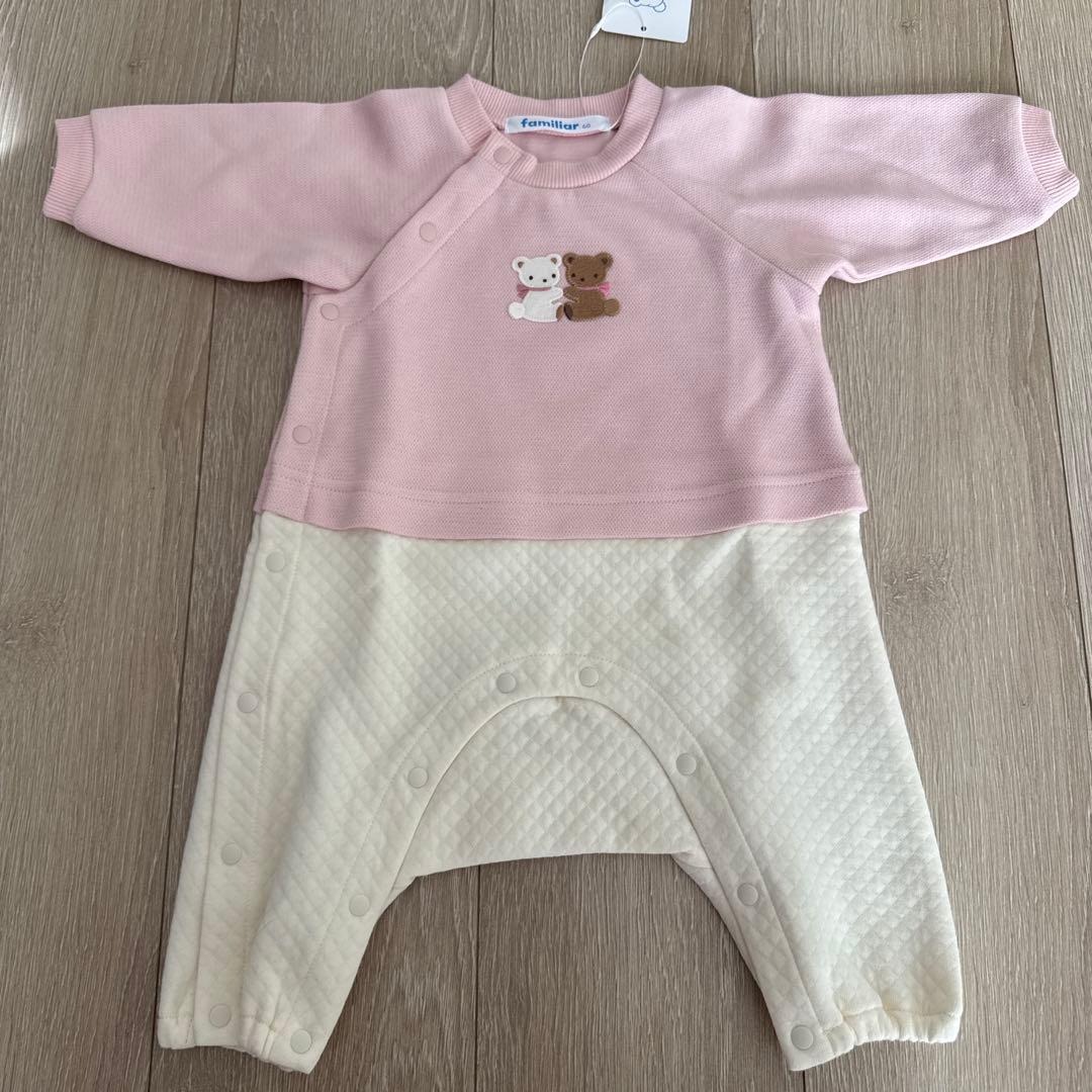 familiar ピンク クマ刺繍ロンパース