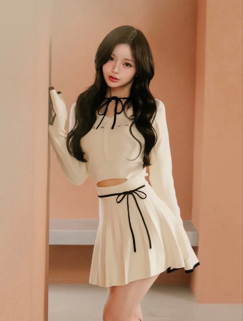 Darich ウエスト オープン リボン デザイン ニット ミニワンピース