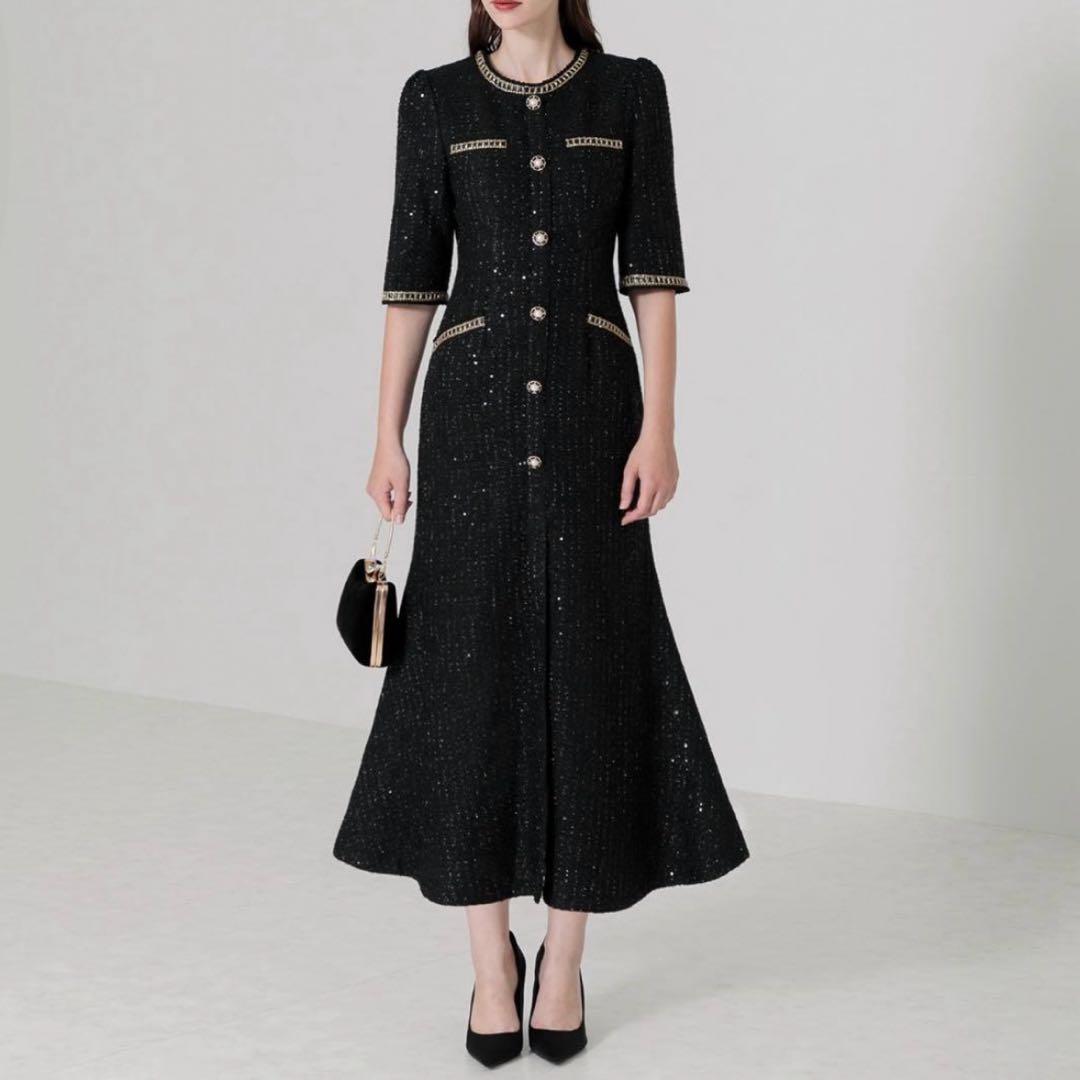 美品　Leja ラメ混ツイードレザーパイピングマーメイドロング丈ドレス