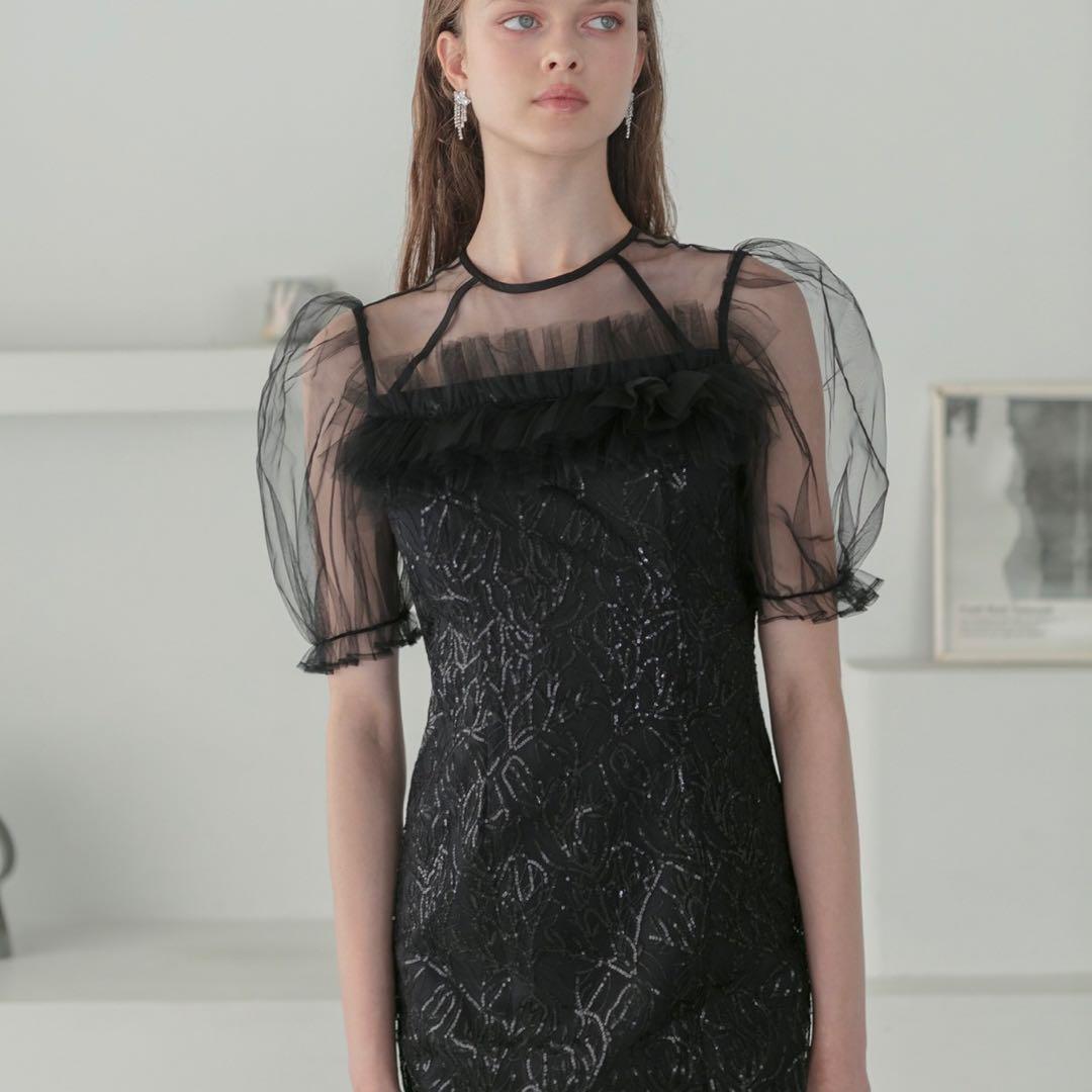 チュールフラワースパンコールIラインワンピースドレス結婚式二次会パーティー成人式