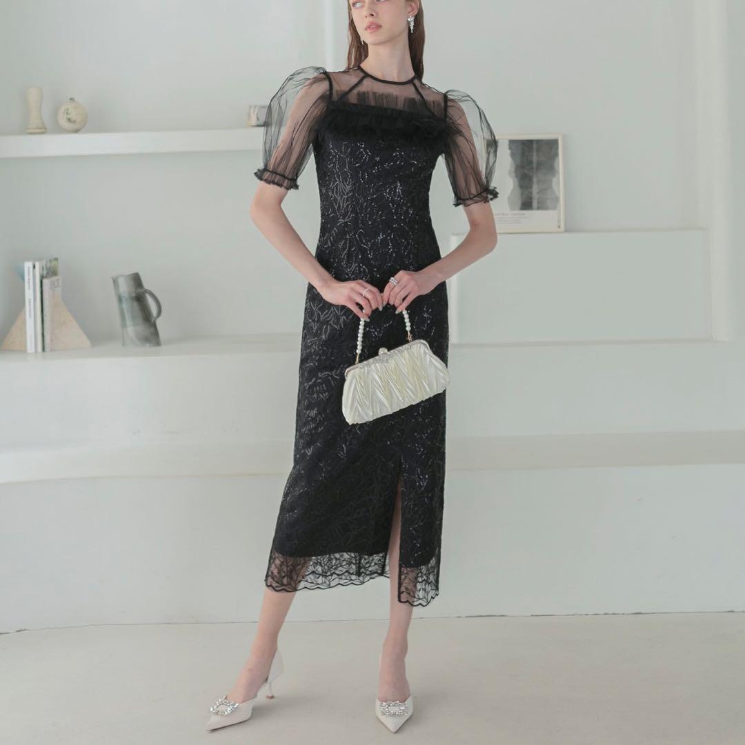 チュールフラワースパンコールIラインワンピースドレス結婚式二次会パーティー成人式