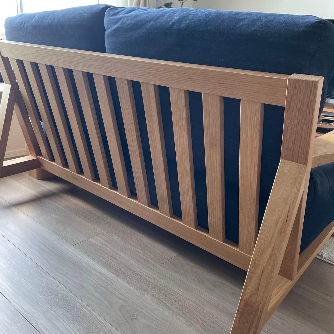 【最終値下げ】ネイビー 布クッション 木製フレーム ソファ