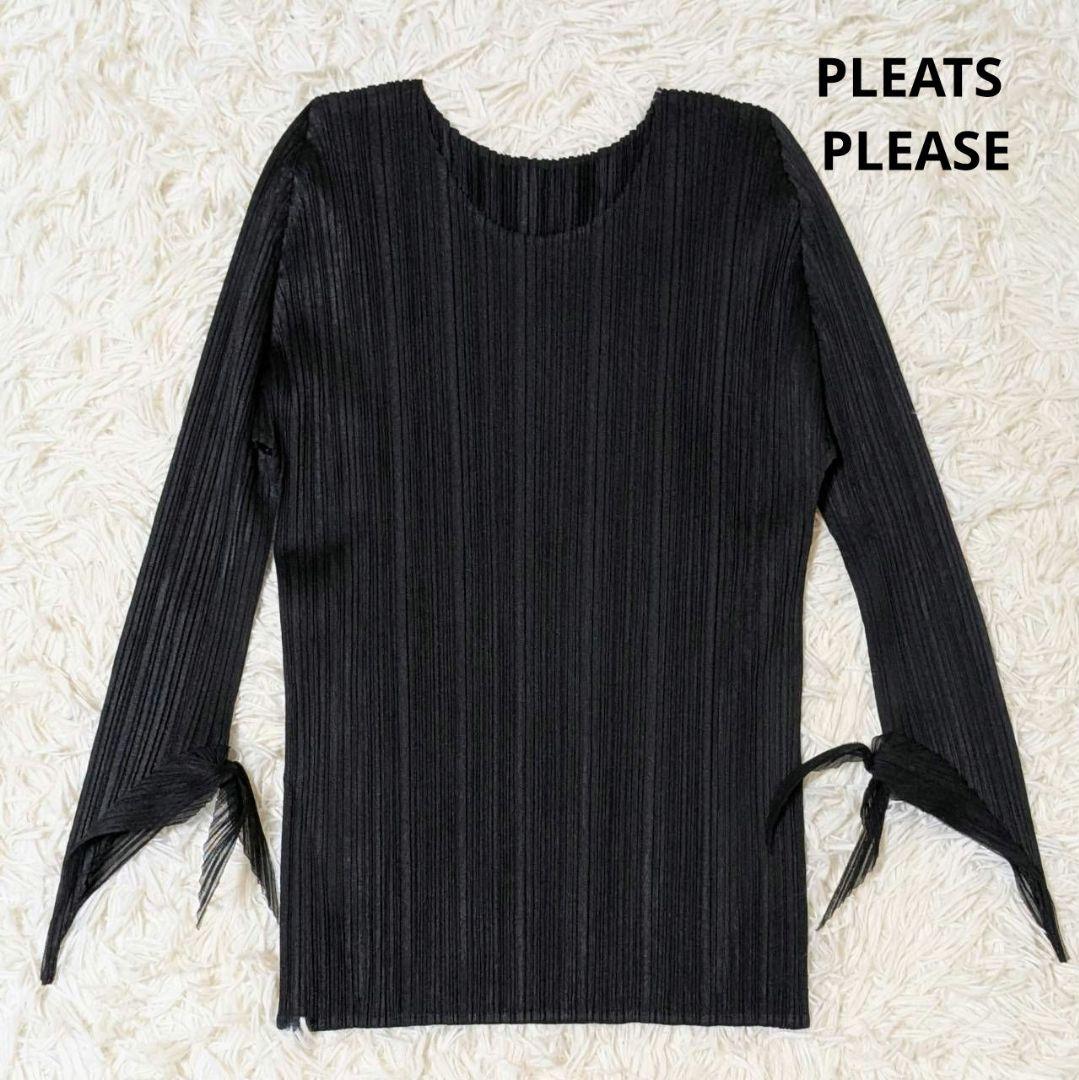 プリーツプリーズ カットソー 長袖 リボン ブラック L