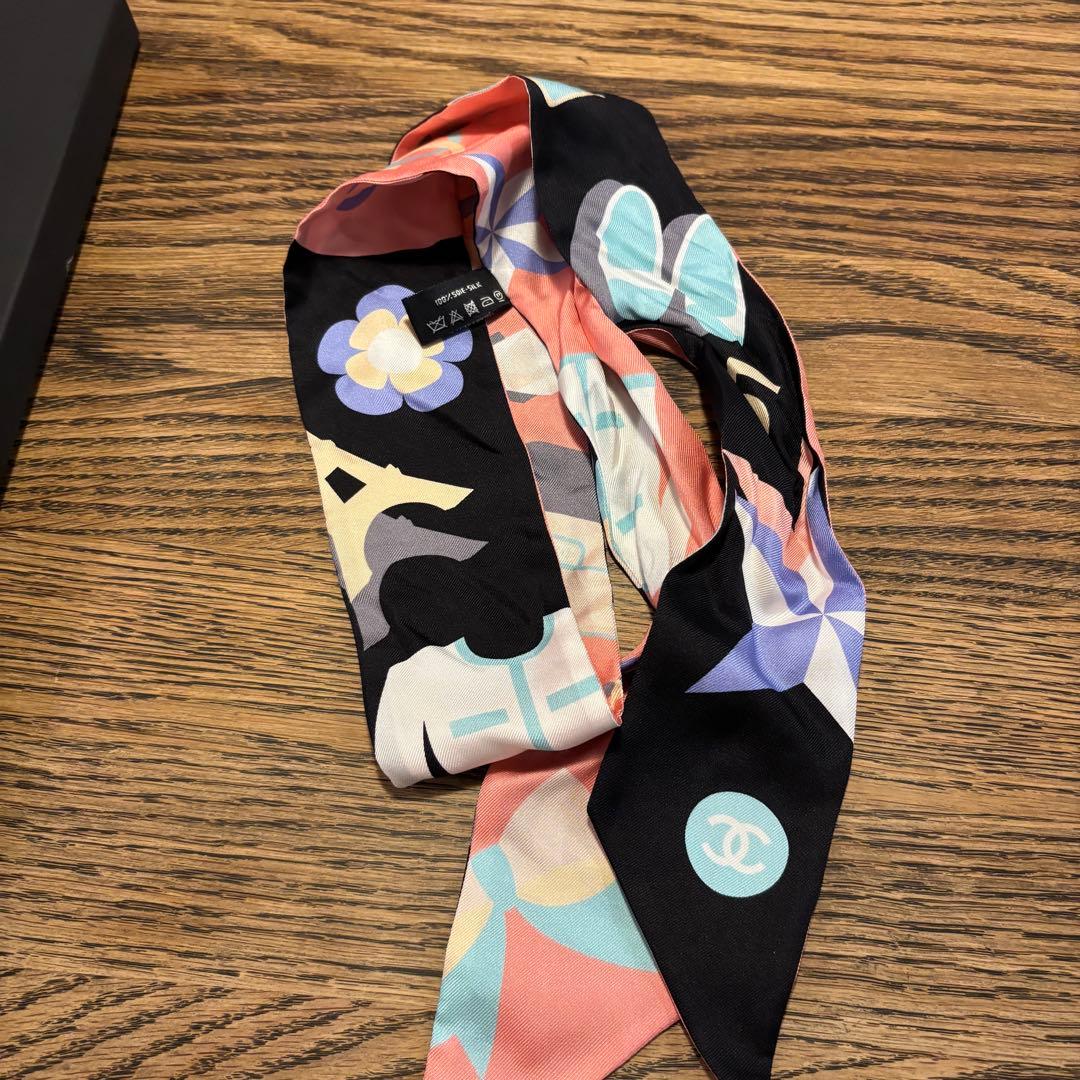 シャネル ココマーク アイコン 20B スカーフ シルク ブラック×ピンク