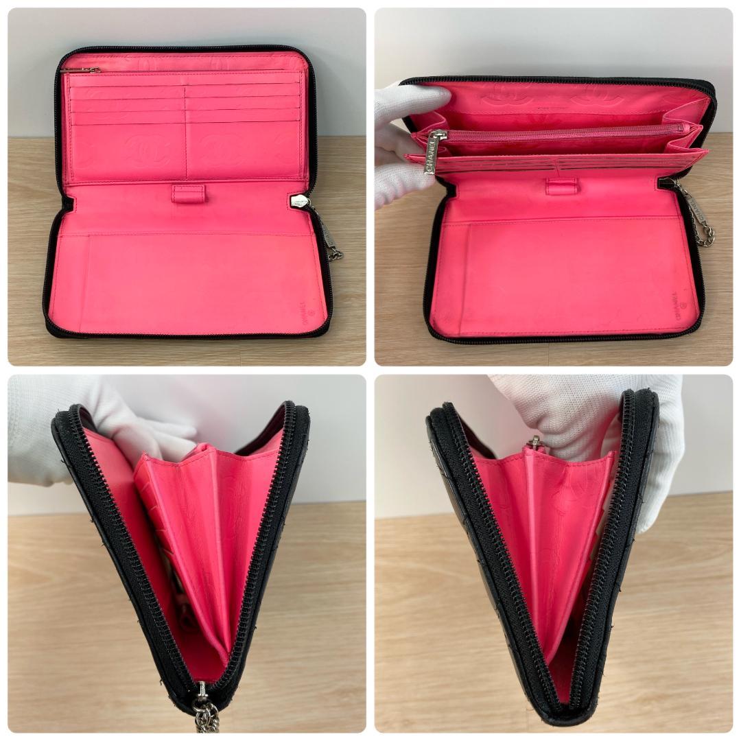 シャネル 長財布 ラウンドファスナー カンボンライン ココマーク ブラック 黒