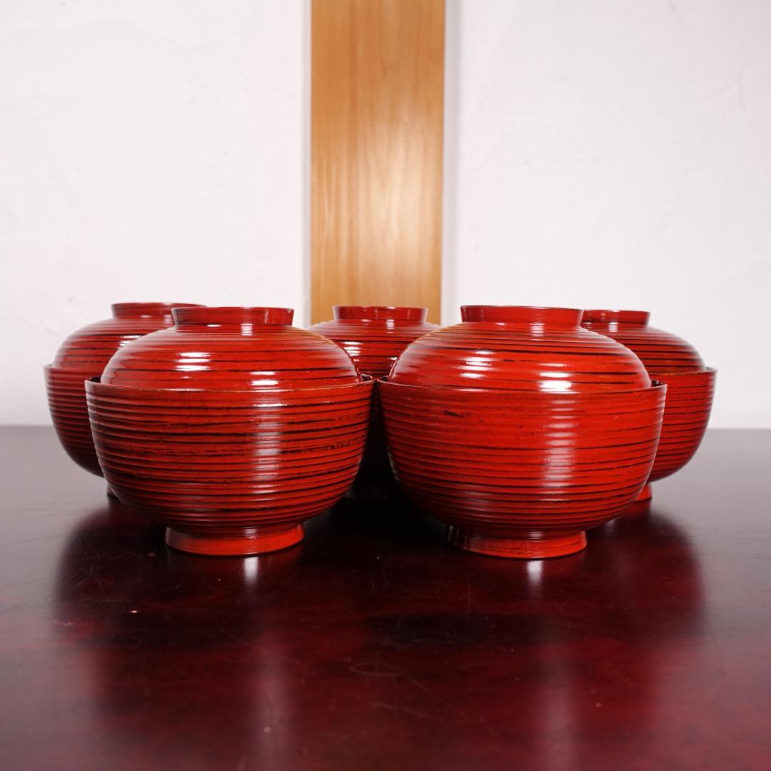 山中塗 喜八作 朱塗 内黒塗 見返結び松蒔絵 吸物椀 5客 共箱