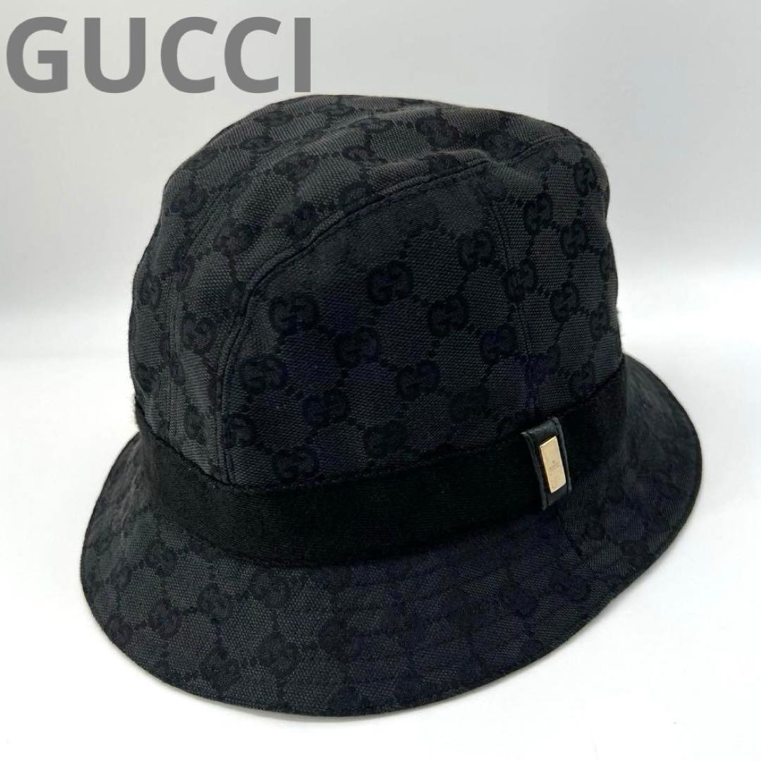 良品✨GUCCI GGキャンバス ロゴプレート バケットハット 帽子 サイズL