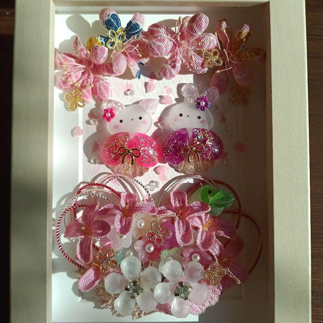 シーグラスアート　♡桜ハートの花かご姉妹♡　ちりめん細工