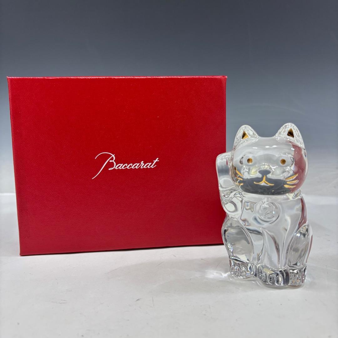 美品【バカラ本物】置物/まねき猫/クリスタル/クリア×ゴールド