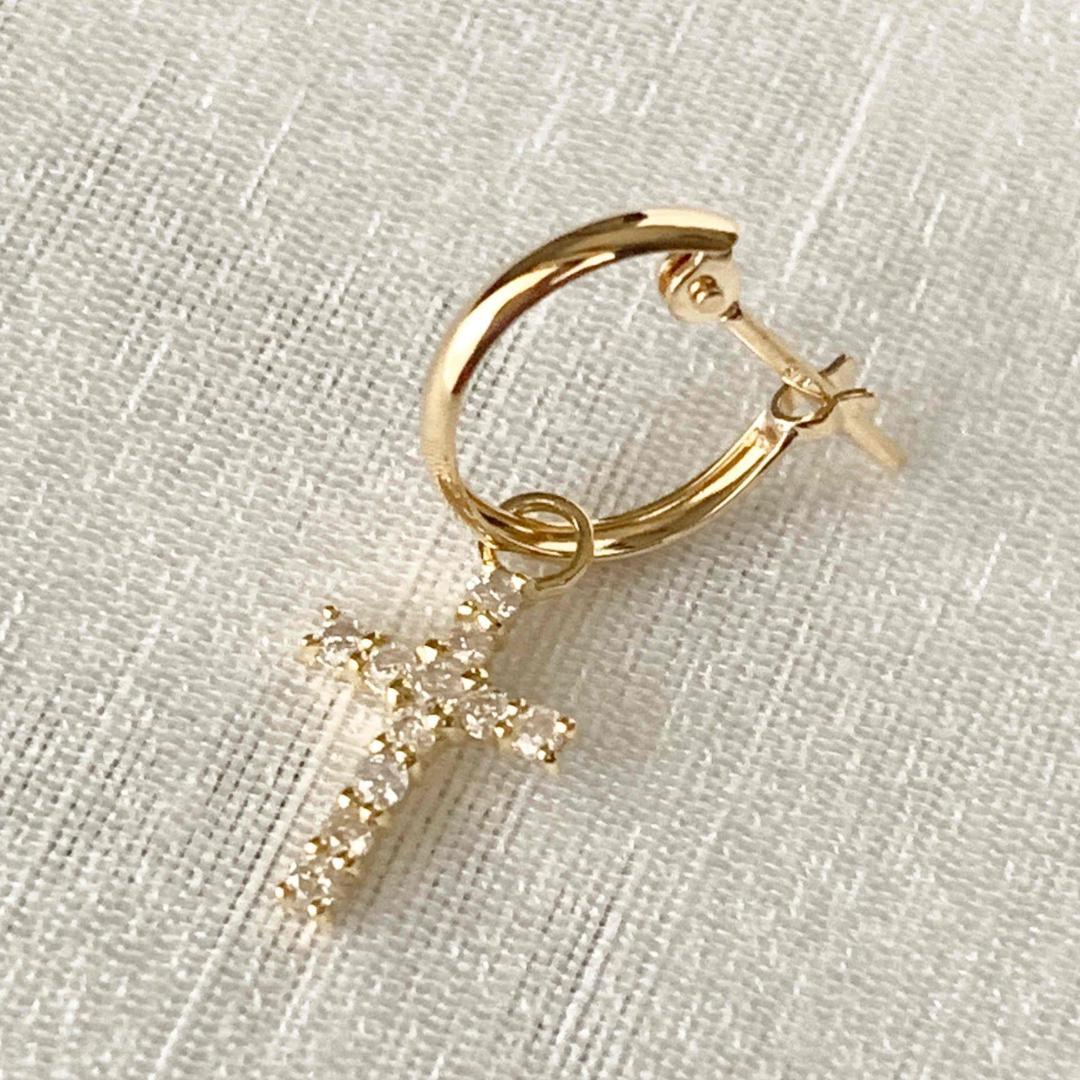 18金【フープ+クロスピアス 天然ダイヤモンド0.1ct】2way 新品！