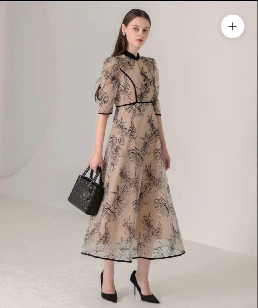 【LEJA】配色パイピングプチハイネック花柄刺繍ラメレースロングドレスワンピース