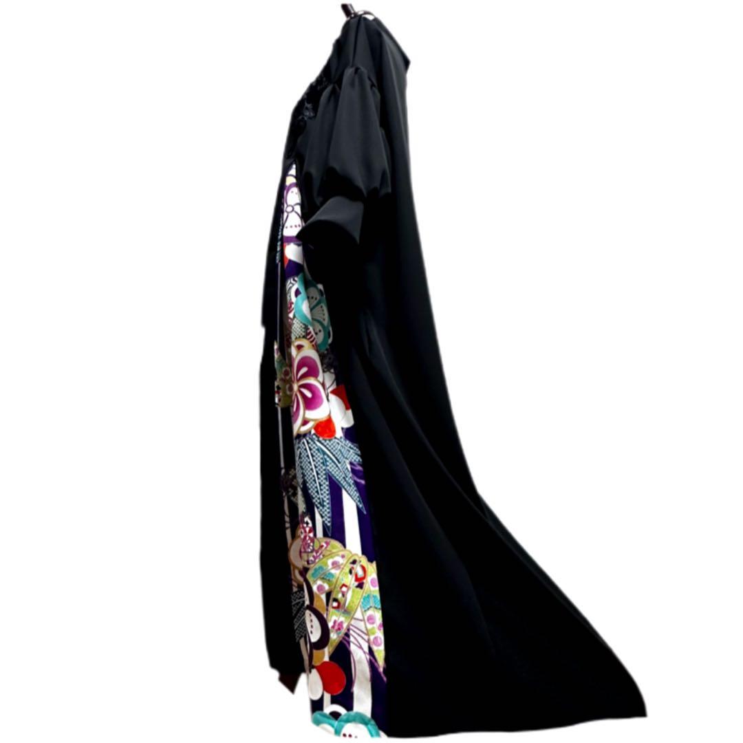 振袖　着物リメイク　ドレス　黒×檜扇に梅や松　和柄　ワンピース　ハンドメイド