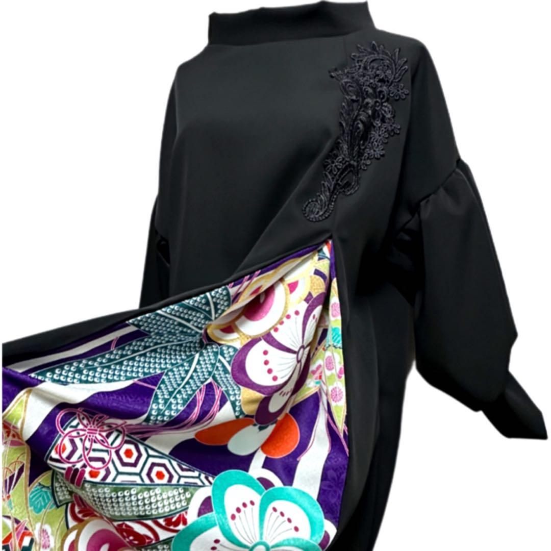 振袖　着物リメイク　ドレス　黒×檜扇に梅や松　和柄　ワンピース　ハンドメイド