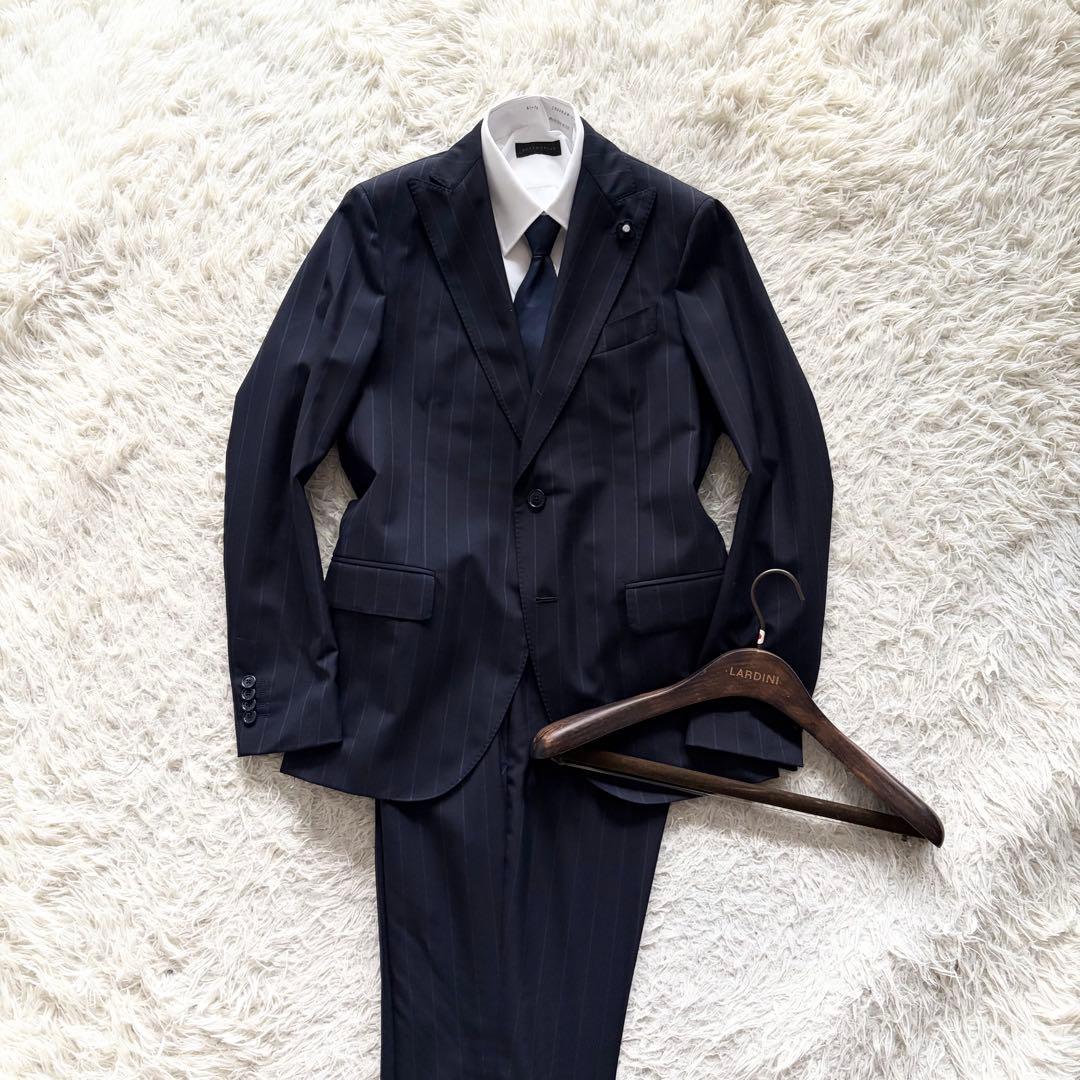 <23年モデル 極美品>LARDINI 新ロゴ ネイビー ウール スーツ 46