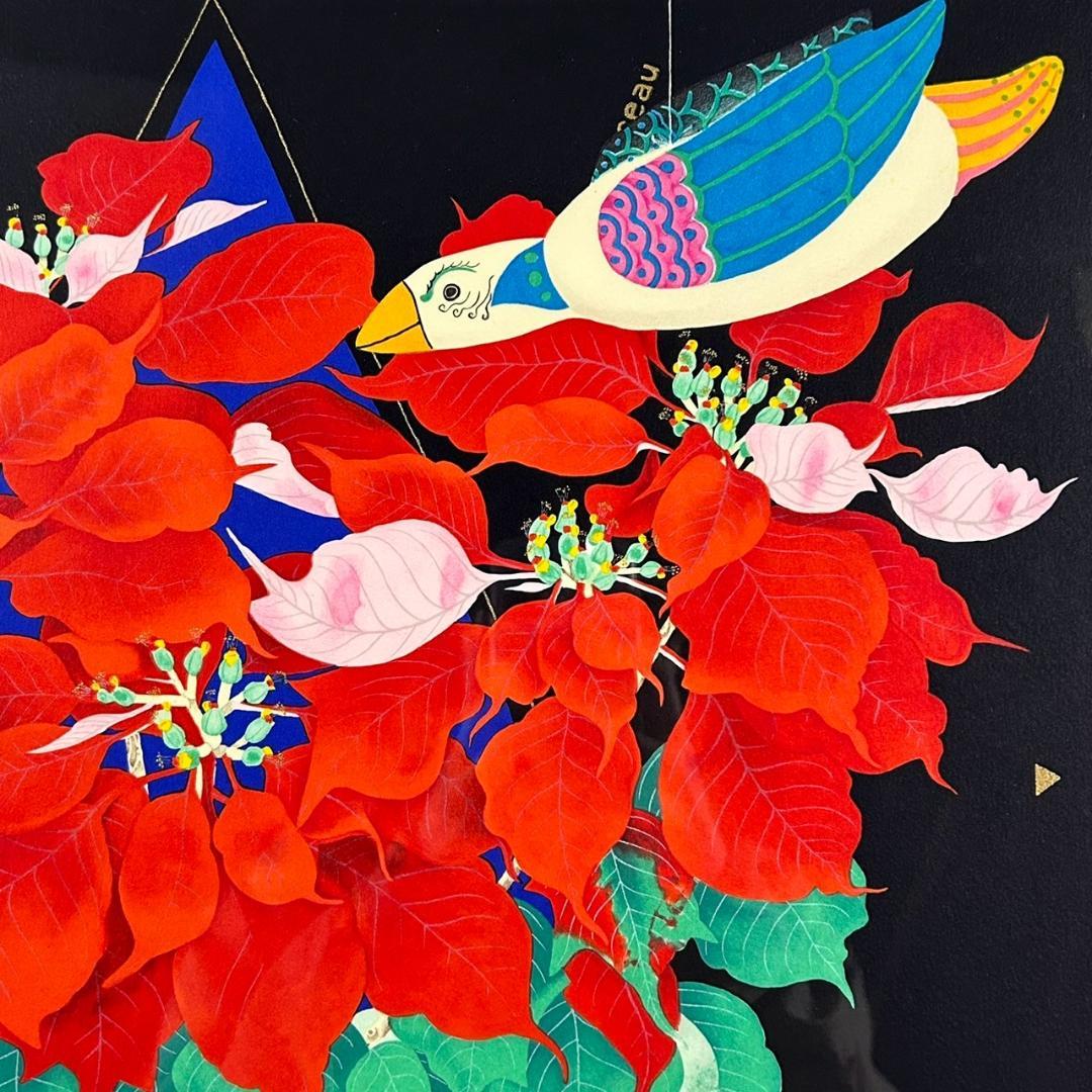 美品 中島千波「ポインセチア」リトグラフ 直筆サイン・落款有 額縁入り 日本画家