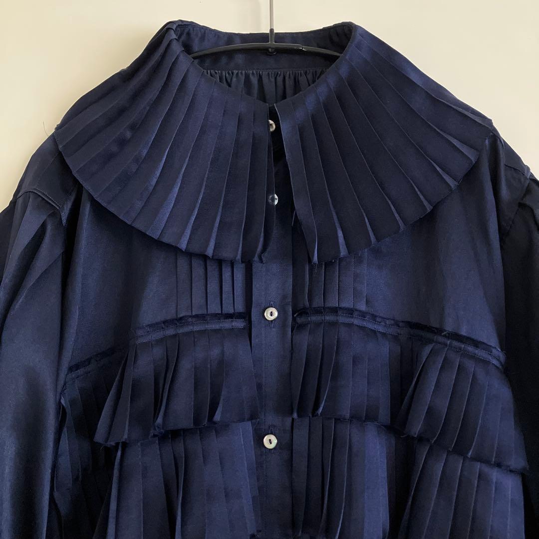 JUNMIKAMI コットンシルク　フリルシャツ　ネイビー