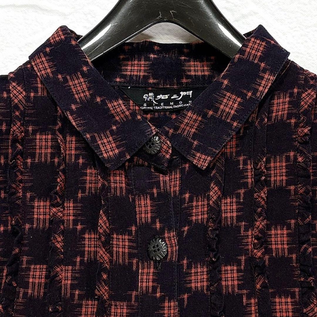 ✨美品✨ギエモン　久留米絣　チュニック　ブラウス　フリル　ピンタック　前開き