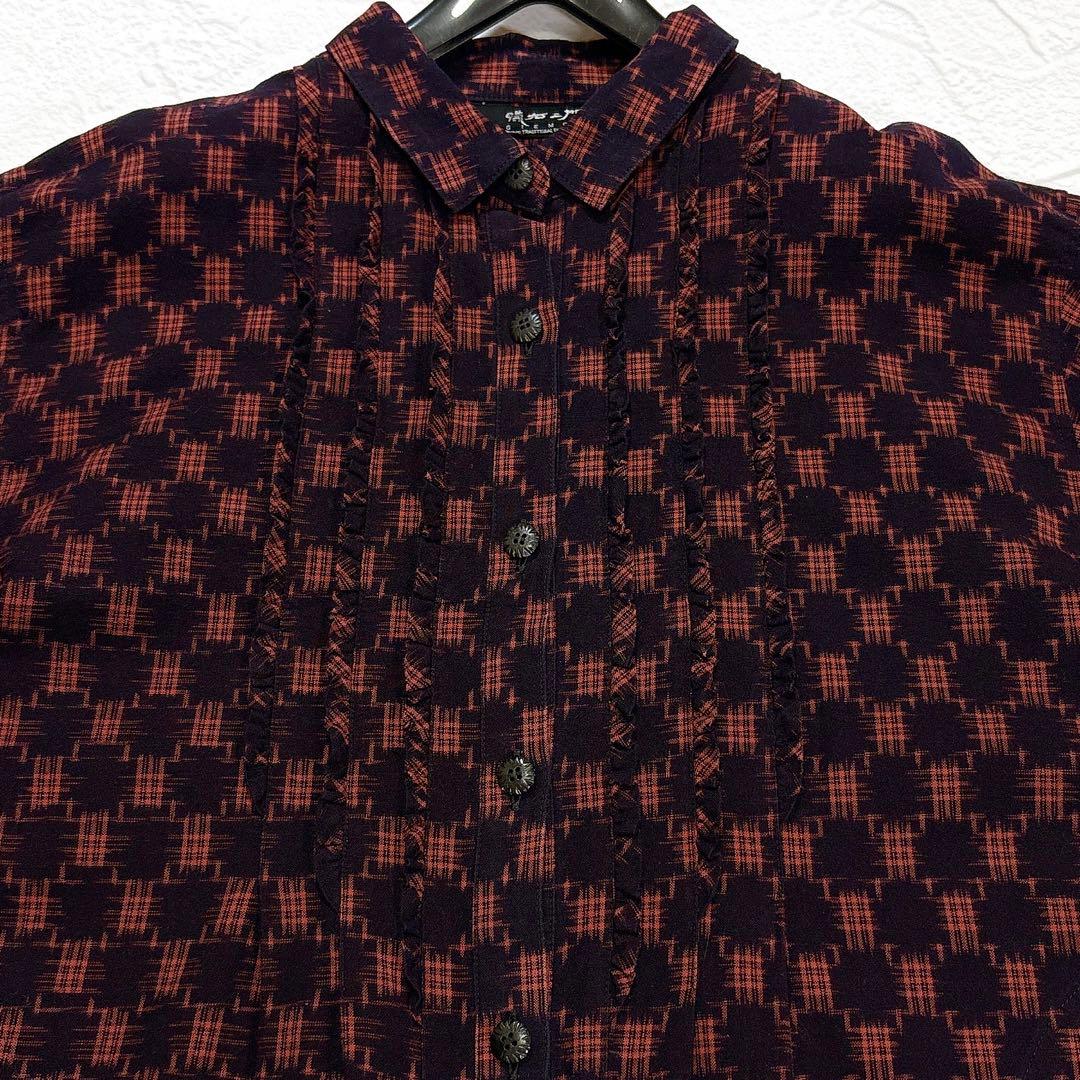 ✨美品✨ギエモン　久留米絣　チュニック　ブラウス　フリル　ピンタック　前開き