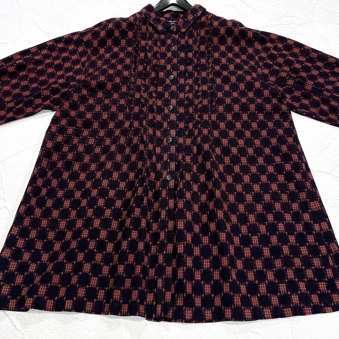 ✨美品✨ギエモン　久留米絣　チュニック　ブラウス　フリル　ピンタック　前開き