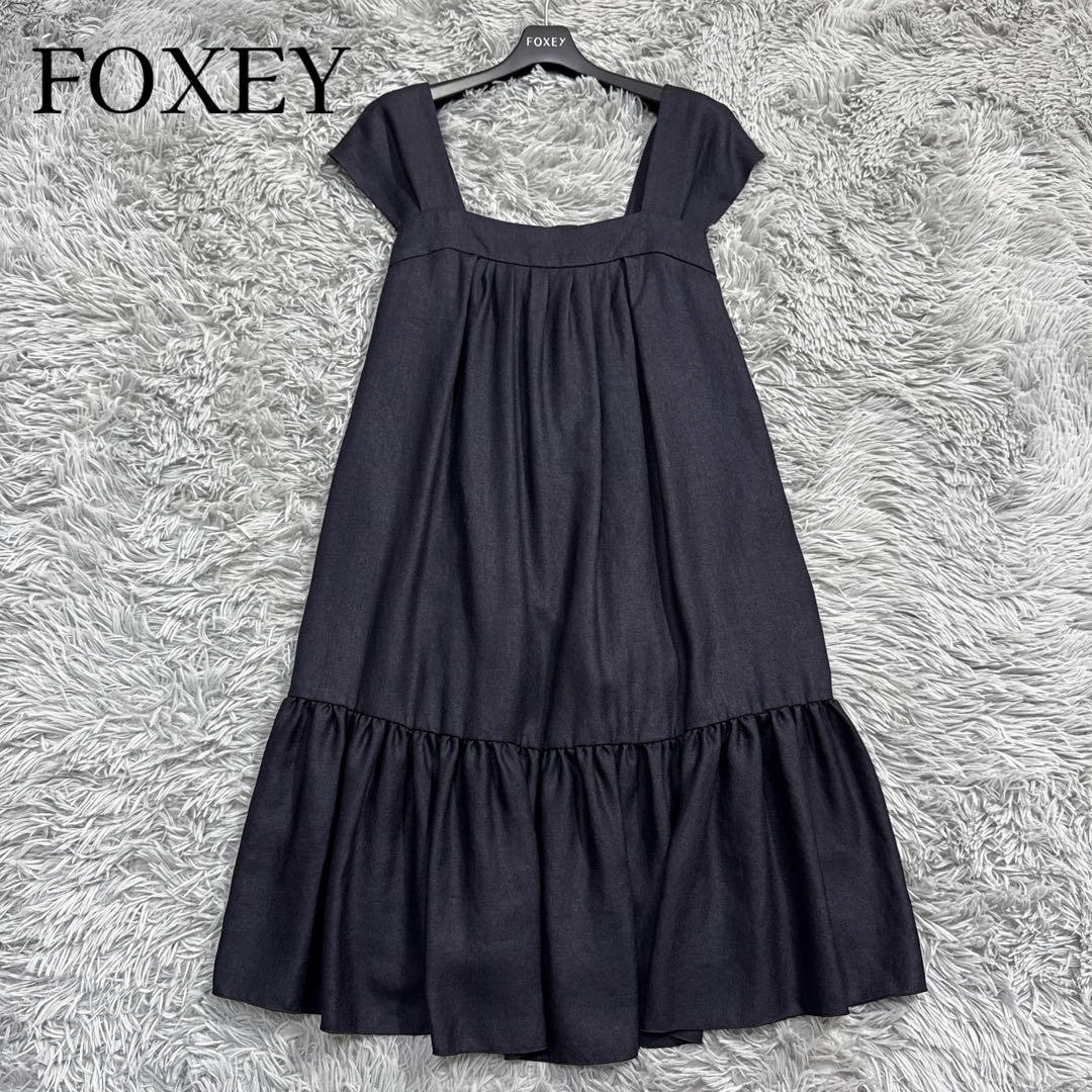 未使用級✨フォクシー リネンフェイスワンピースドレス ティアード ネイビー 38