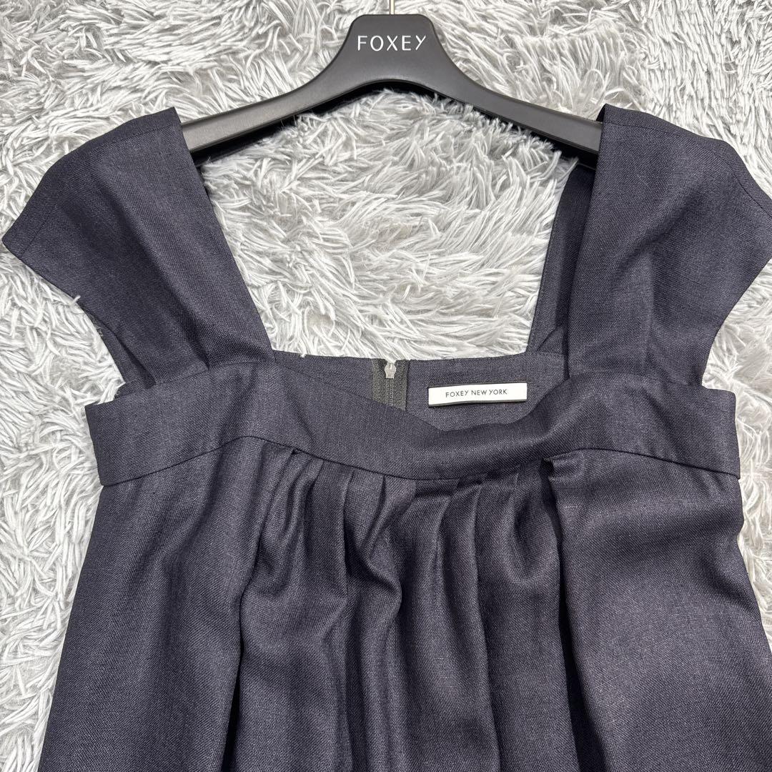 未使用級✨フォクシー リネンフェイスワンピースドレス ティアード ネイビー 38
