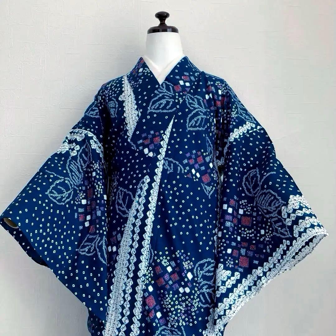 有松絞り浴衣・蜘蛛絞り　青緑　紫陽花　手縫い　絞り浴衣　裄70cm No7-15