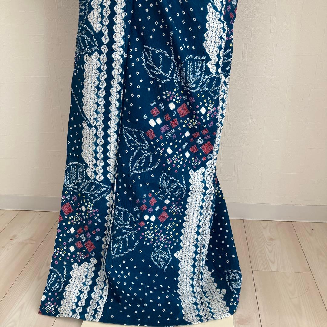 有松絞り浴衣・蜘蛛絞り　青緑　紫陽花　手縫い　絞り浴衣　裄70cm No7-15