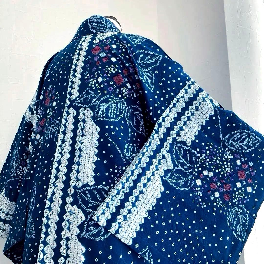 有松絞り浴衣・蜘蛛絞り　青緑　紫陽花　手縫い　絞り浴衣　裄70cm No7-15