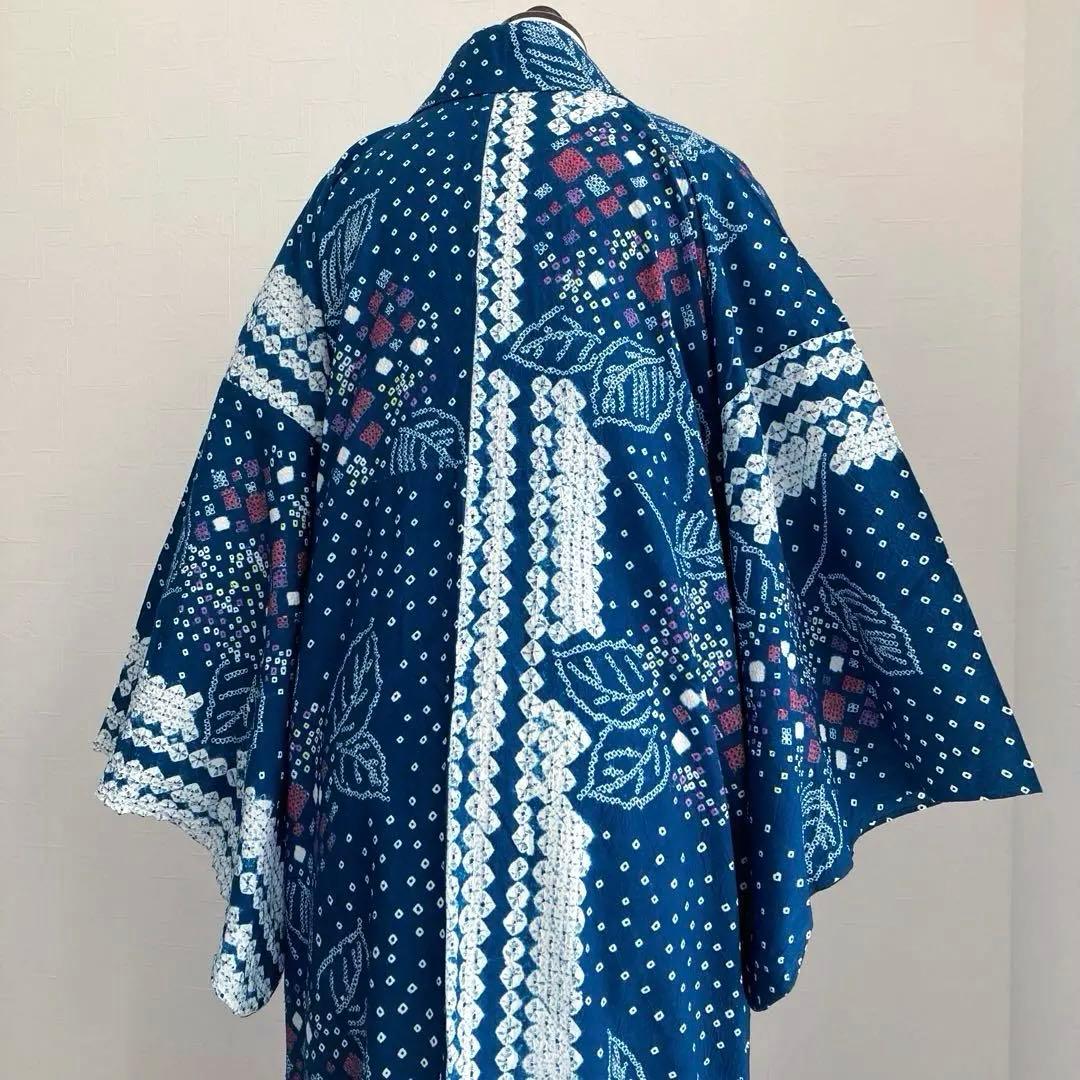 有松絞り浴衣・蜘蛛絞り　青緑　紫陽花　手縫い　絞り浴衣　裄70cm No7-15