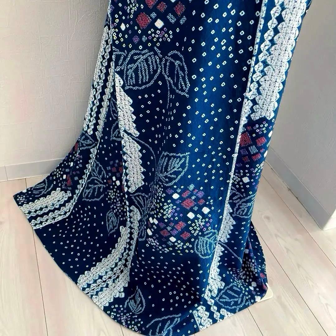 有松絞り浴衣・蜘蛛絞り　青緑　紫陽花　手縫い　絞り浴衣　裄70cm No7-15