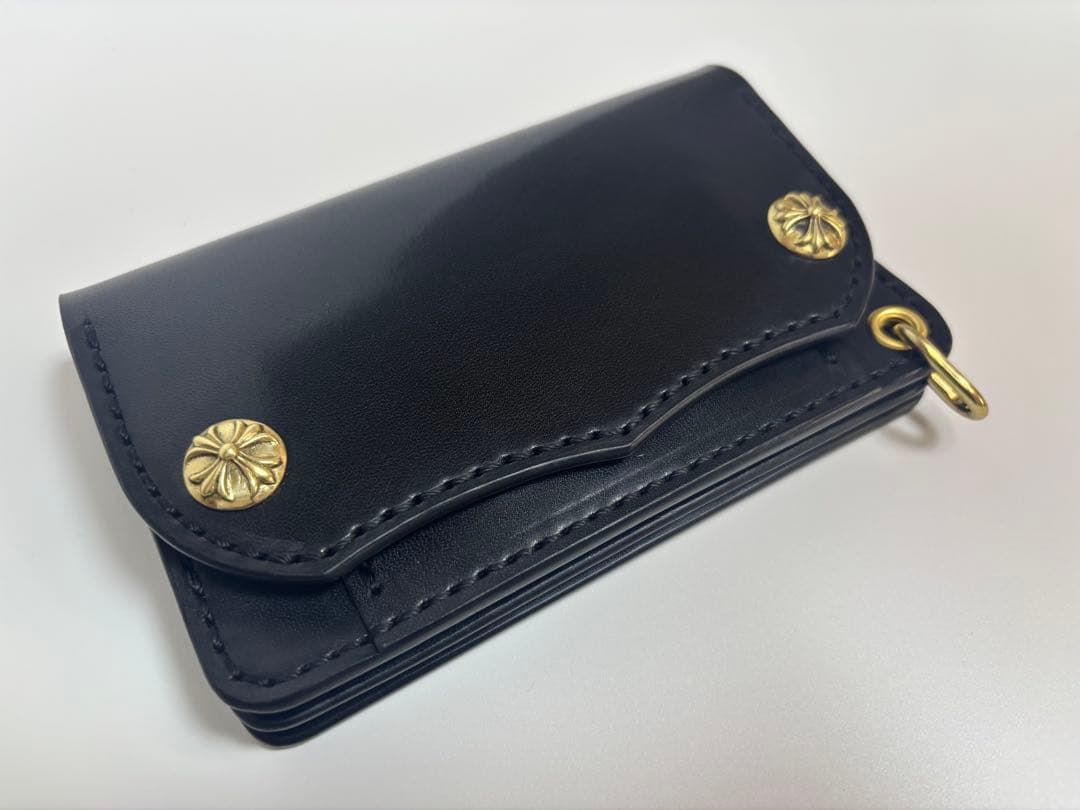 黒　栃木サドルレザー　トラッカーウォレット　三層　真鍮　クロスボールコンチョ