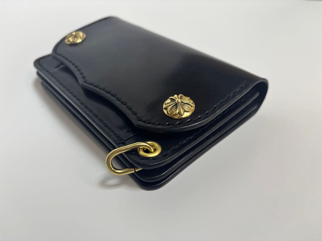 黒　栃木サドルレザー　トラッカーウォレット　三層　真鍮　クロスボールコンチョ