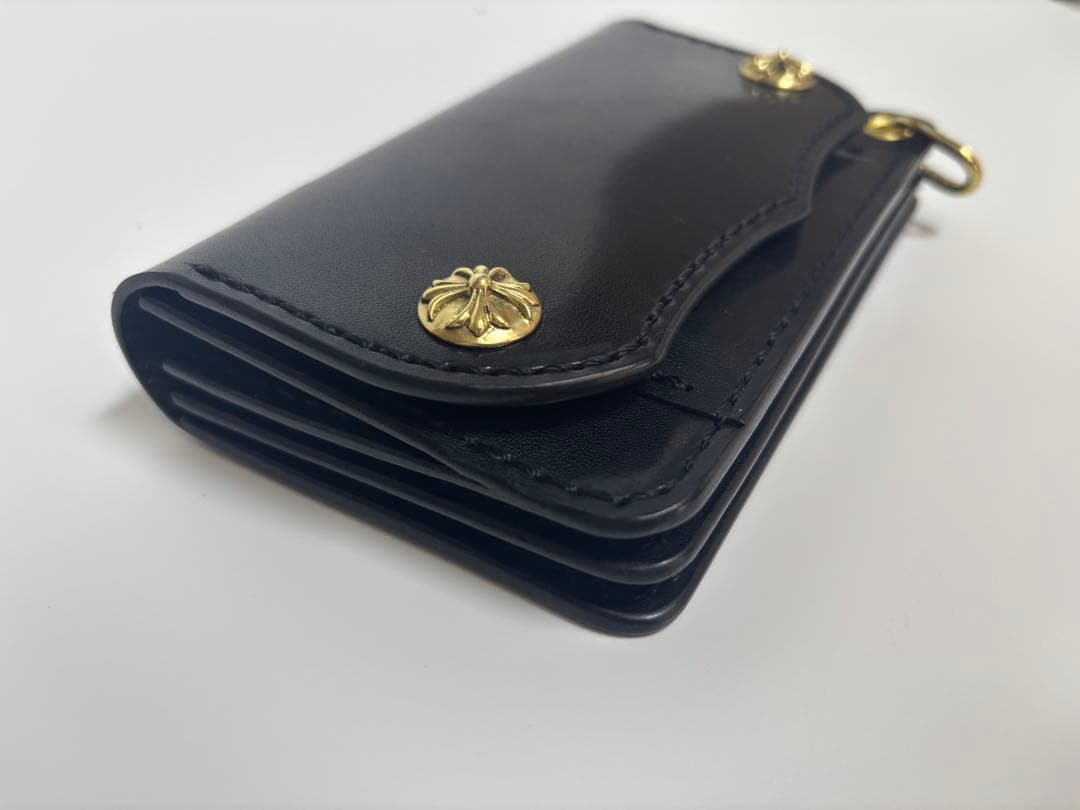 黒　栃木サドルレザー　トラッカーウォレット　三層　真鍮　クロスボールコンチョ