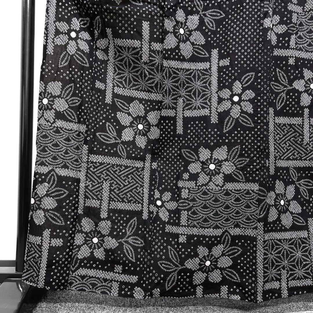 未着用　新品　浴衣　有松鳴海絞り　花模様　麻の葉　ブラック系　着物　044w d