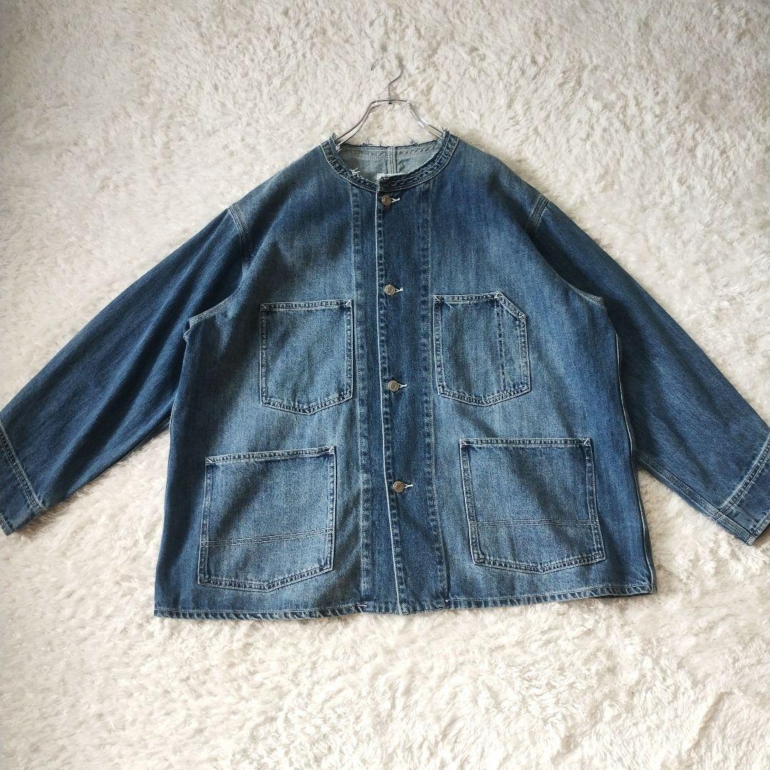 【極美品】カフネ　デニム　カバーオール　ノーカラー　ジャケット　洗える　ブルー