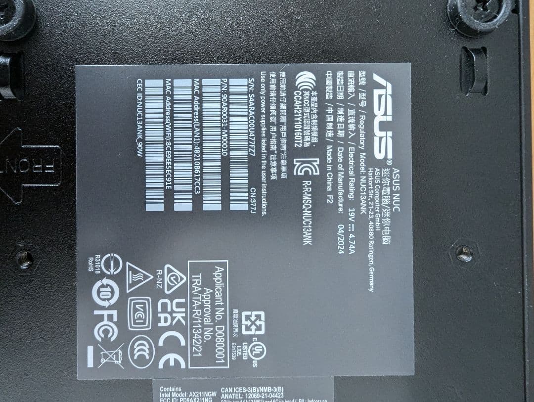 ミニPC asus nuc13ank 16gb corei3 1315u