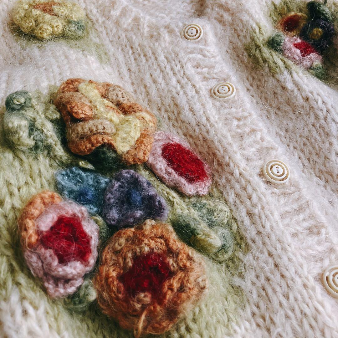 【美品】カネコイサオ★モヘア 3Dフラワーモチーフ 立体編み カーディガン